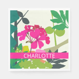 Hot Pink Blooming Geraniums Florist Custom Name Napkin