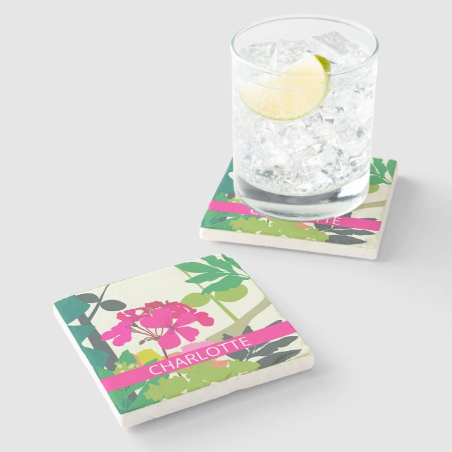  Hot Pink Blooming Geraniums Florist Custom Name  Stone Coaster (Side)