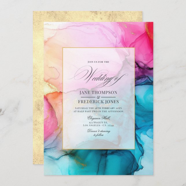 Hot-Pink, Blue and Gold Alcohol Ink Wedding Invitation (Front/Back)