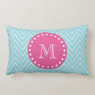 Hot Pink, Blue Chevron   Your Monogram Lumbar Cushion