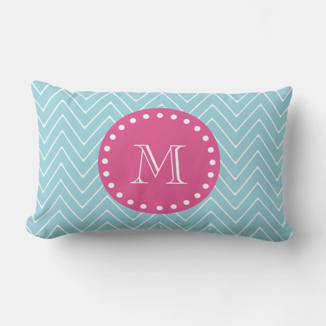 Hot Pink, Blue Chevron | Your Monogram Lumbar Cushion (Front)