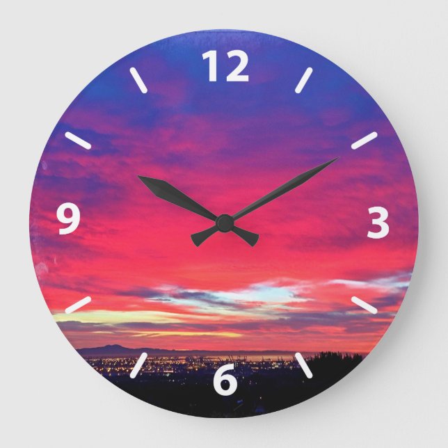 Hot pink blue cloud sunset coastal landscape photo large clock (Front)