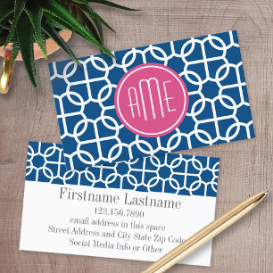 Hot Pink & Blue Geometric Pattern Monograms Business Card