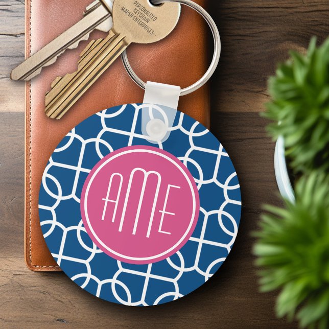 Hot Pink & Blue Geometric Pattern Monograms Key Ring (Personalized Keychain - Add Name or Monogram)