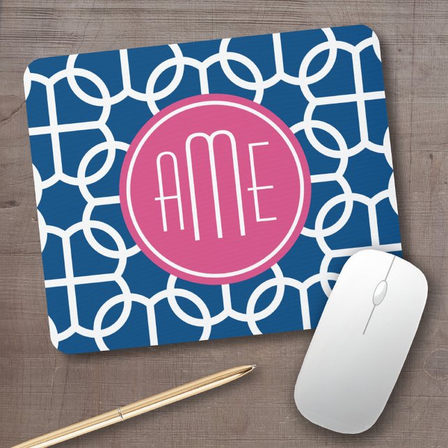 Hot Pink & Blue Geometric Pattern Monograms Mouse Pad (Personalized mousepad - add your custom text)