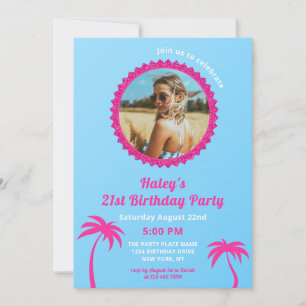 Hot Pink & Blue Modern Photo 21st Birthday Invitation