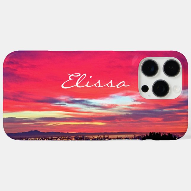 Hot Pink Blue Sunset Coastal Landscape Script Name Case-Mate iPhone Case (Back (Horizontal))