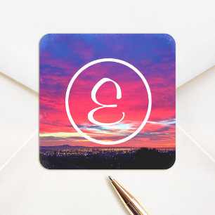 Hot pink blue sunset photo custom monogram modern square sticker