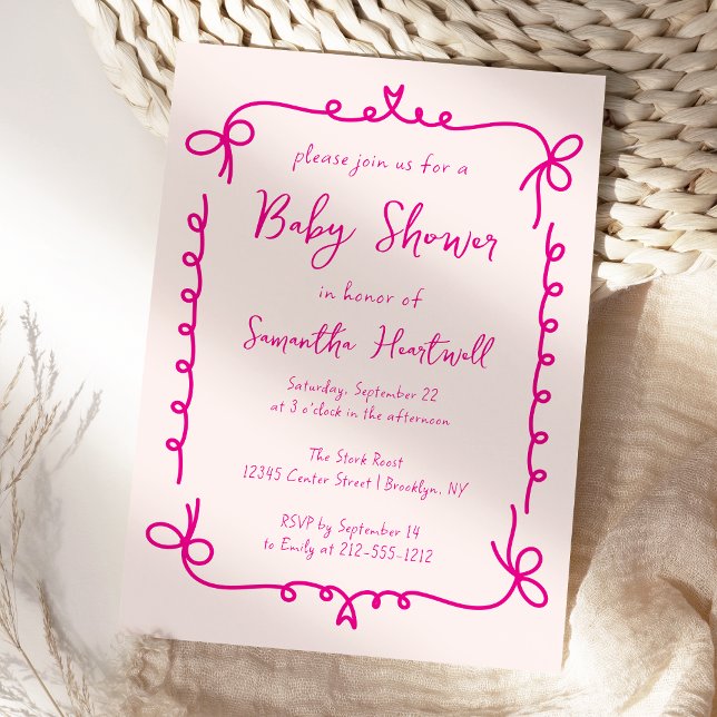 Hot Pink Blush Hand Drawn Girl Baby Shower Invitation (Creator Uploaded)