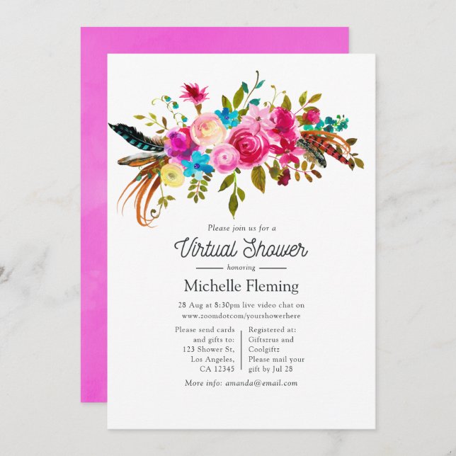 Hot-Pink Boho Chic Floral Virtual Baby Shower Invitation (Front/Back)