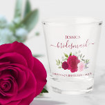 Hot Pink Boho Roses Elegant Bridesmaid Wedding Shot Glass<br><div class="desc">These beautiful shot glasses are a fun and thoughtful way to thank your wedding bridesmaids. They feature a beautiful boho chic design with elegant script lettering and a cluster of hand painted watercolor roses in shades of hot pink, magenta, and blush, along with eucalyptus leaves and garden greenery. The caption...</div>