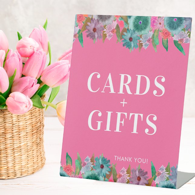 Hot Pink Boho Wildflower Wedding Cards And Gifts  Pedestal Sign (Creator Uploaded)