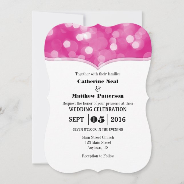 Hot Pink Bokeh Glitter Lights Wedding Invites (Front)
