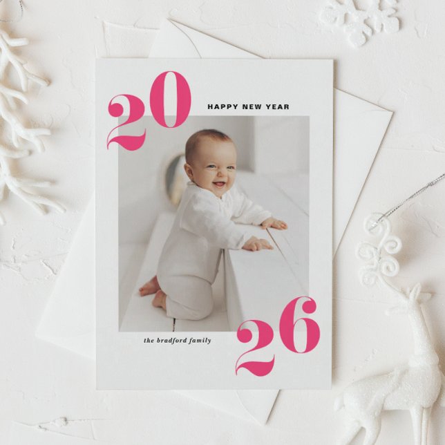 Hot Pink Bold Typography 2025 New Year Photo Holiday Card (Customizable modern photo Happy New Year card featuring 2026 in hot pink retro bold typography.)