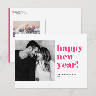 Hot Pink Bold Typography Happy New Year Photo Holiday Postcard