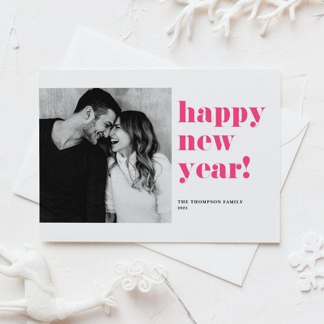 Hot Pink Bold Typography Photo Happy New Year 2025 Holiday Card (Creator Uploaded)