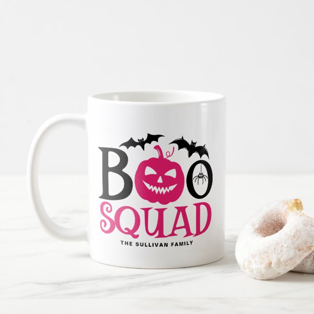 Hot Pink Boo Squad Spooky Lettering Halloween Coffee Mug (With Donut)