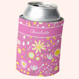 Hot Pink Botanical Wildflower Floral Personalised Can Cooler