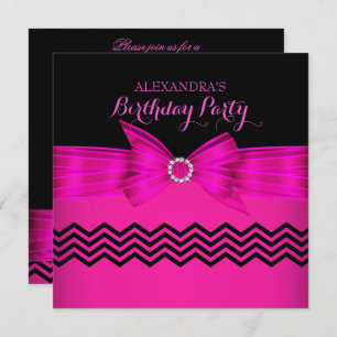 Hot Pink Bow Black Chevron Stripe Birthday Party Invitation