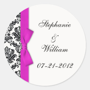 Hot Pink Bow Classic Damask Wedding Label