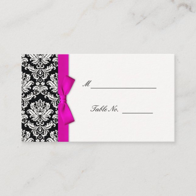 Hot Pink Bow Damask Wedding Table Placecards (Front)