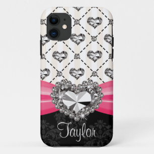 Hot Pink Bow Diamond Heart Rhinestone iPhone 11 Case