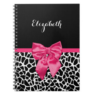 Hot Pink Bow Giraffe Print Name Notebook