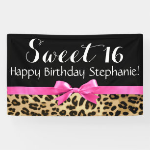 Hot Pink Bow Leopard Print Sweet 16 Birthday Party Banner