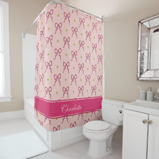Hot Pink Bows Green Polka Dots Shower Curtain