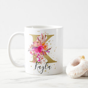 Hot Pink Bright Floral Letter K Monogram Coffee Mug