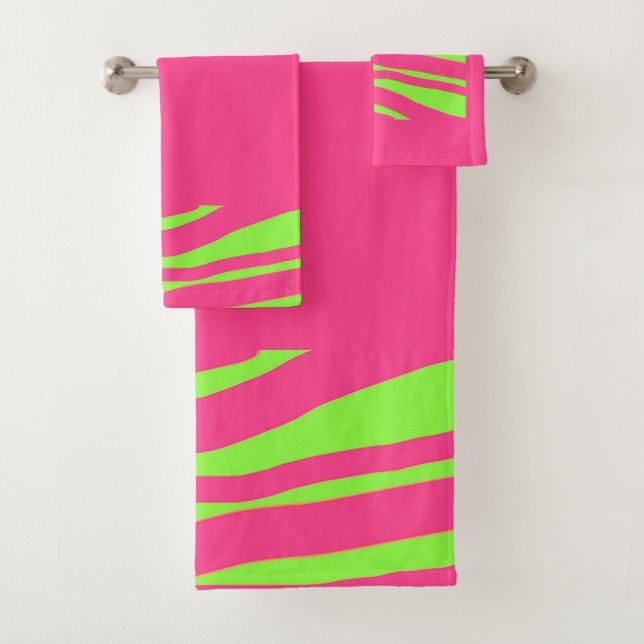 Hot Pink Bright Green 3 Piece Poly Cotton  Bath Towel Set (Insitu)