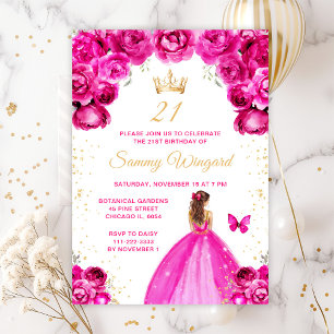 Hot Pink Brown Hair Princess Birthday Party Invitation