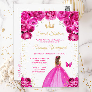 Hot Pink Brown Hair Princess Sweet Sixteen Postcard