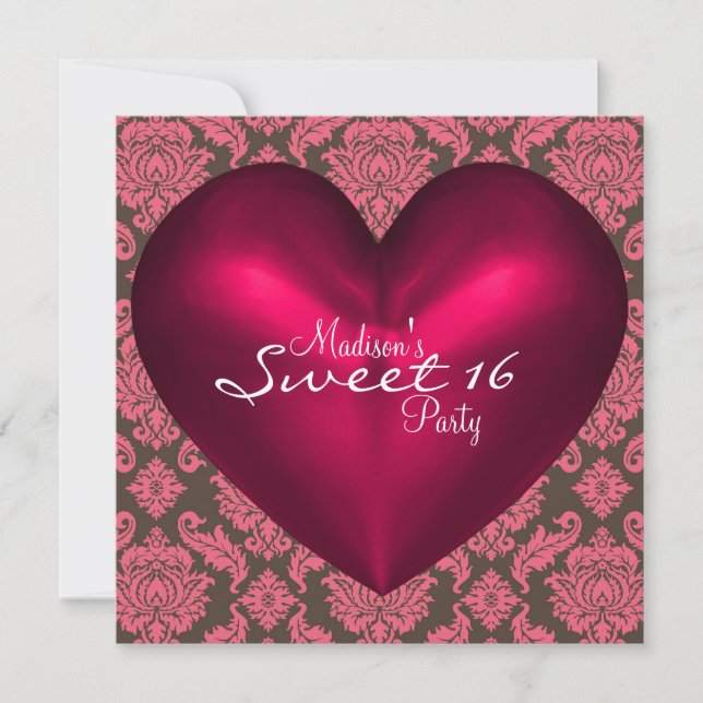 Hot Pink Brown Red Heart Damask Sweet 16 Party Invitation (Front)