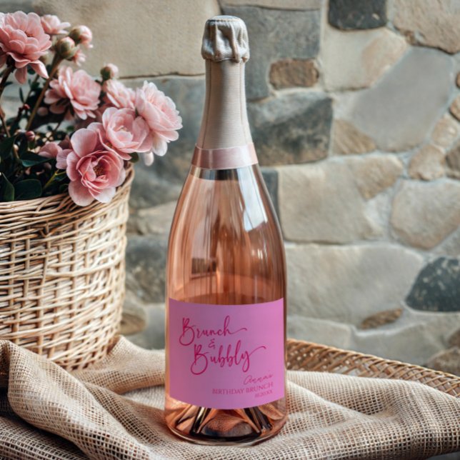 Hot Pink Brunch and Bubbly Birthday Brunch Party Sparkling Wine Label (Creator Uploaded)