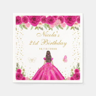 Hot Pink Brunette Hair Princess Birthday Party Napkin