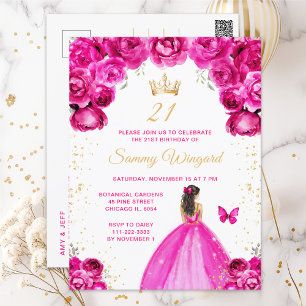 Hot Pink Brunette Hair Princess Birthday Party Postcard