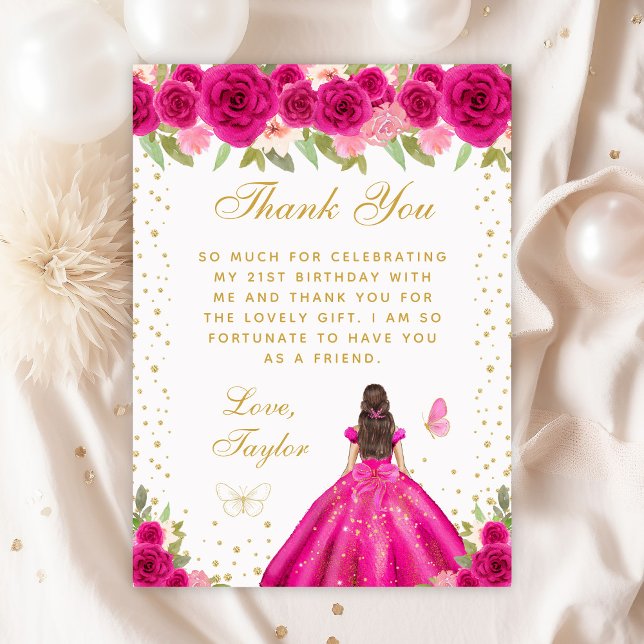 Hot Pink Brunette Hair Princess Birthday Party Thank You Card (Creator Uploaded)