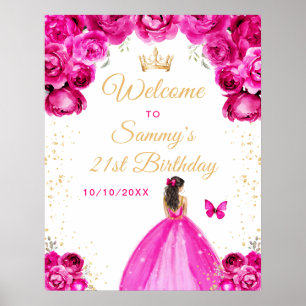 Hot Pink Brunette Hair Princess Birthday Welcome Poster