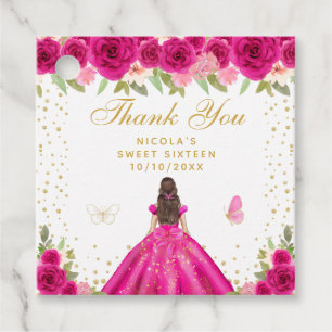 Hot Pink Brunette Hair Princess Sweet Sixteen Favour Tags