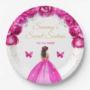 Hot Pink Brunette Hair Princess Sweet Sixteen Paper Plate