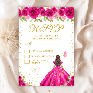 Hot Pink Brunette Hair Princess Sweet Sixteen RSVP Card