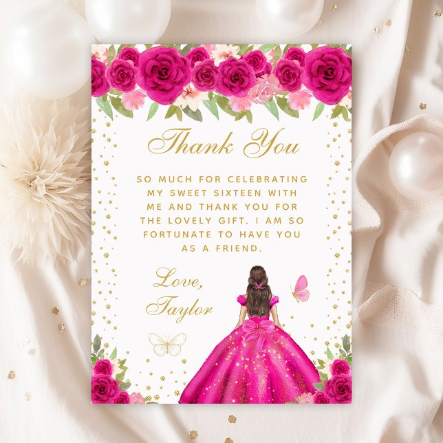 Hot Pink Brunette Hair Princess Sweet Sixteen Thank You Card (Creator Uploaded)
