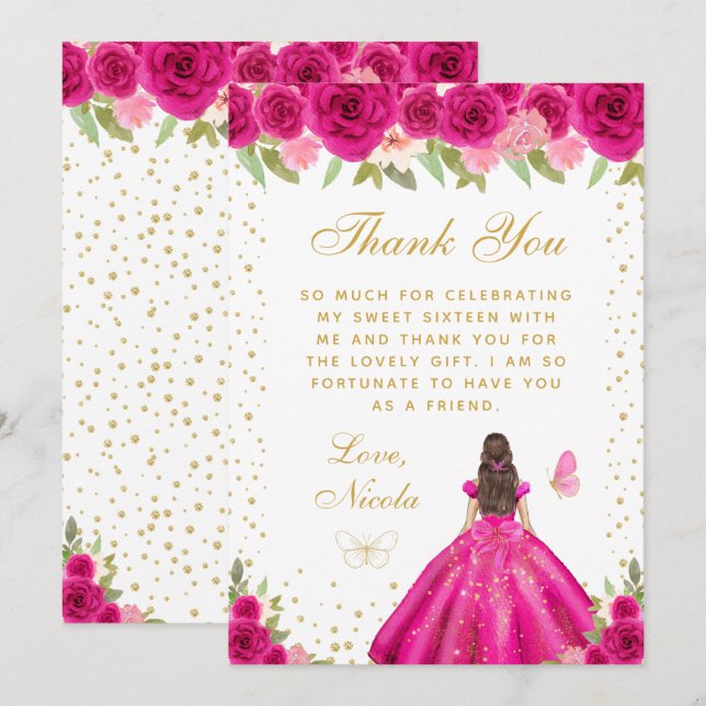Hot Pink Brunette Hair Princess Sweet Sixteen Thank You Card (Front/Back)
