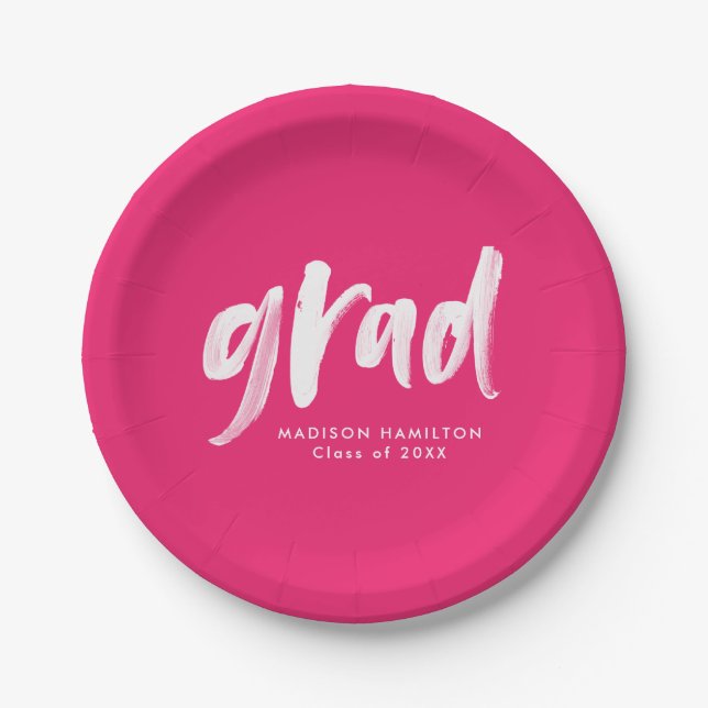 Hot Pink | Brush Script Graduation Paper Plate (Front)