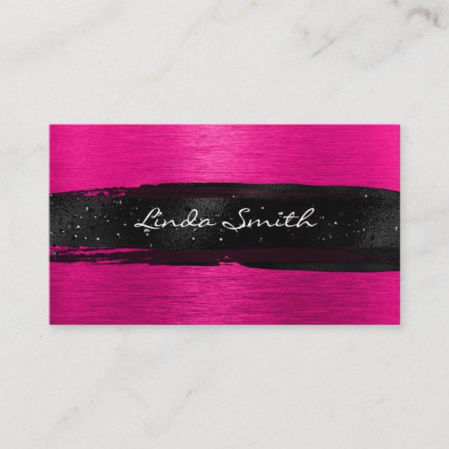 Hot Pink Brushed Metal Black Brush Strokes Business Card (Front)