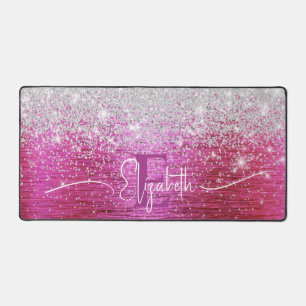 Hot Pink Brushed Metal Silver Glitter Monogram  Desk Mat