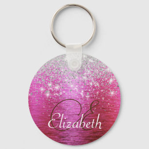 Hot Pink Brushed Metal Silver Glitter Monogram  Key Ring