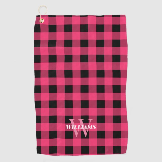 Hot Pink Buffalo Check Name & Initial Golf Towel (Front)