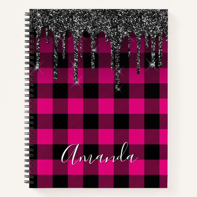 Hot Pink Buffalo Plaid Black Glitter Drips Notebook (Front)